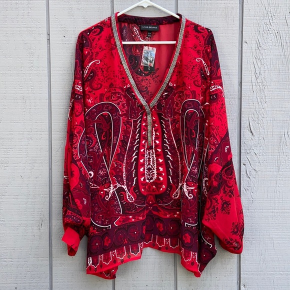 Lane Bryant Tops - Lane Bryant red/black/wh paisley print with embellished neckline size 22 NWT